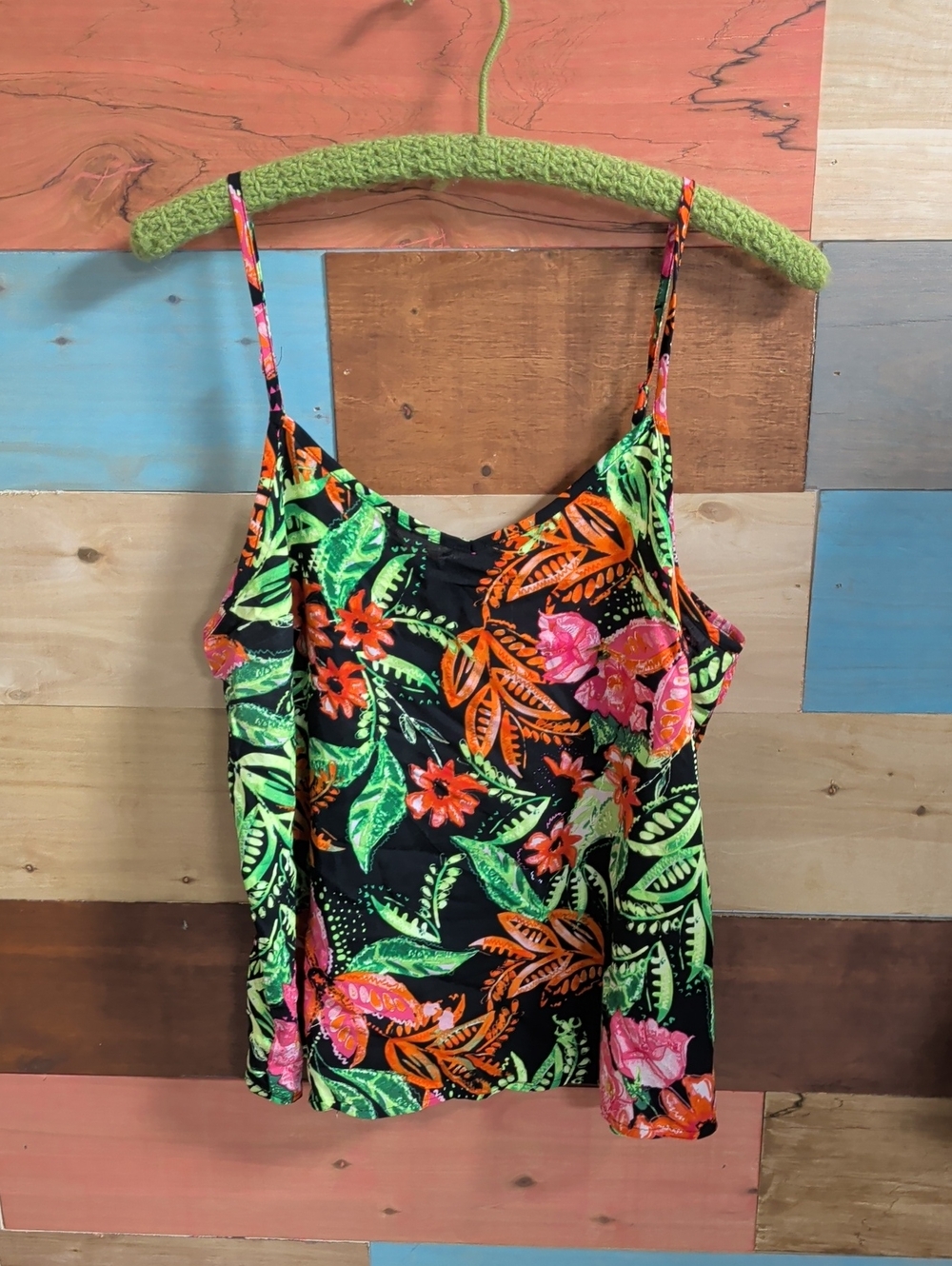 t/o Black Camisole with Neon Green, Orange & Pink Floral Print